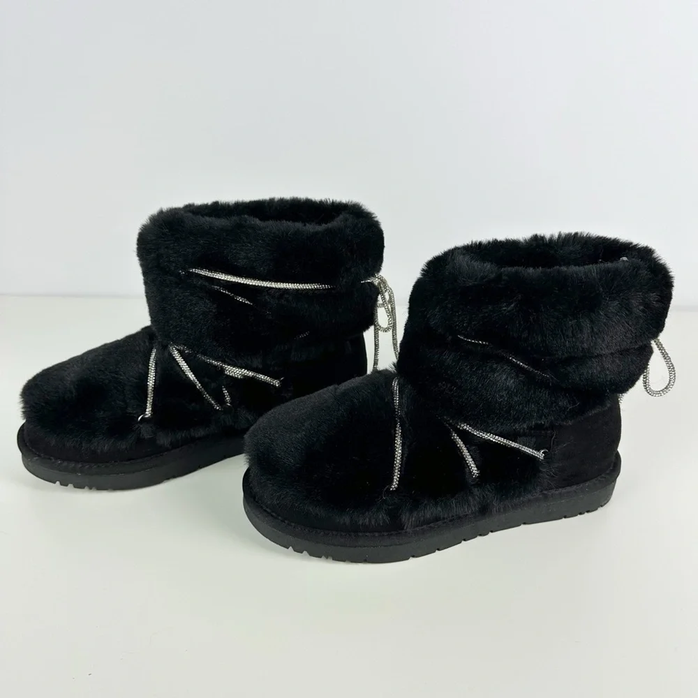 AZALEA WANG Retrograde Alina Black Faux Fur Moon Boots Rhinestone Laces NEW